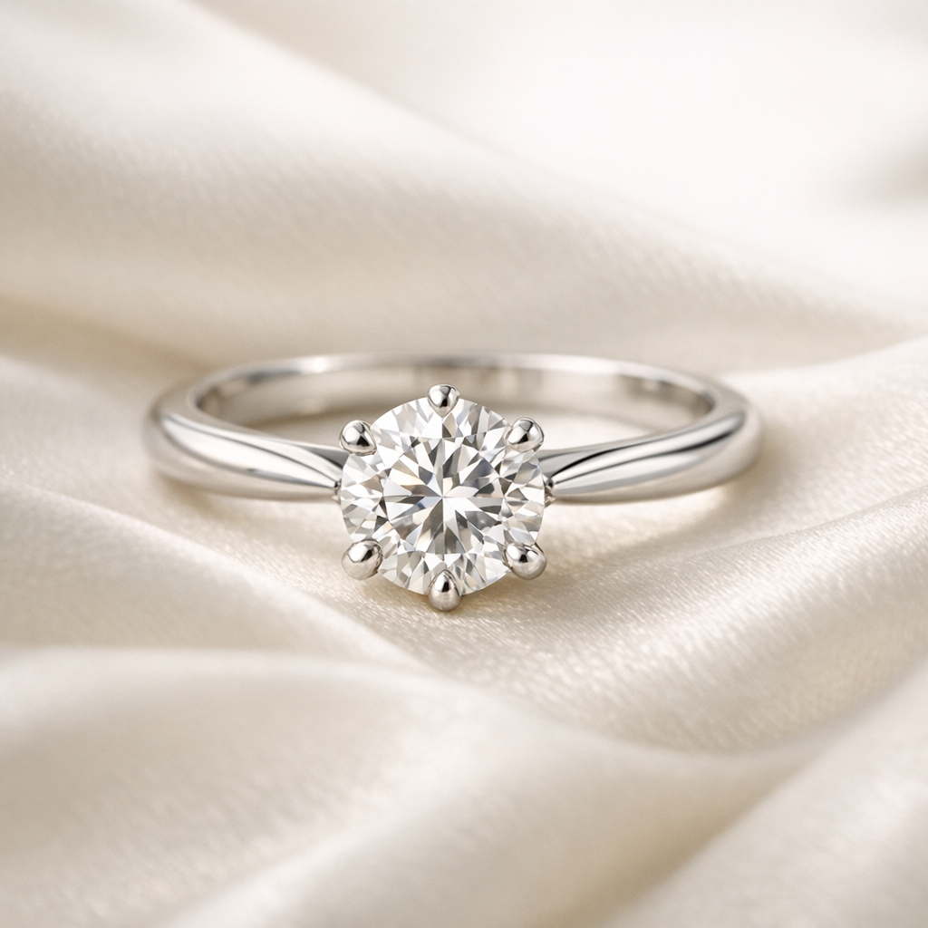 Anillo de compromiso solitario con diamante en oro blanco sobre seda crema