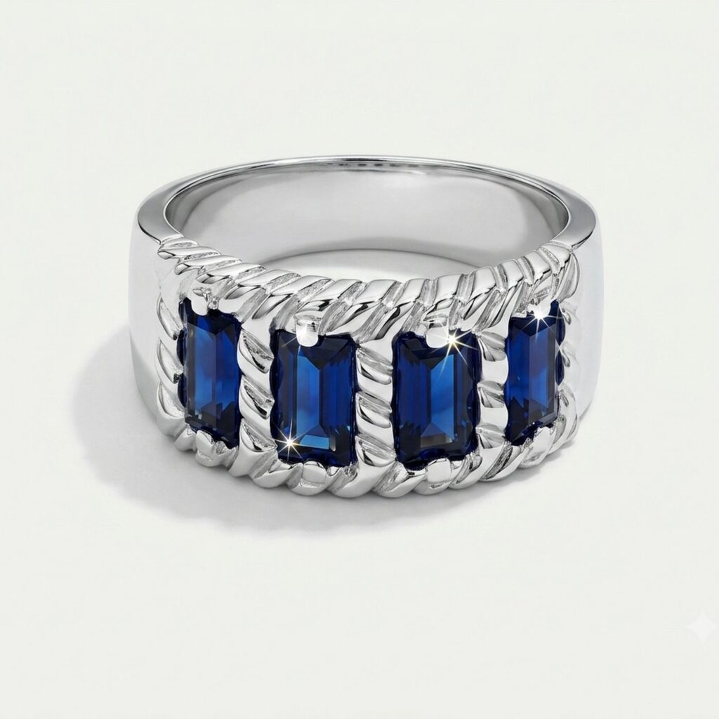 Anillo de oro blanco con gemas azules